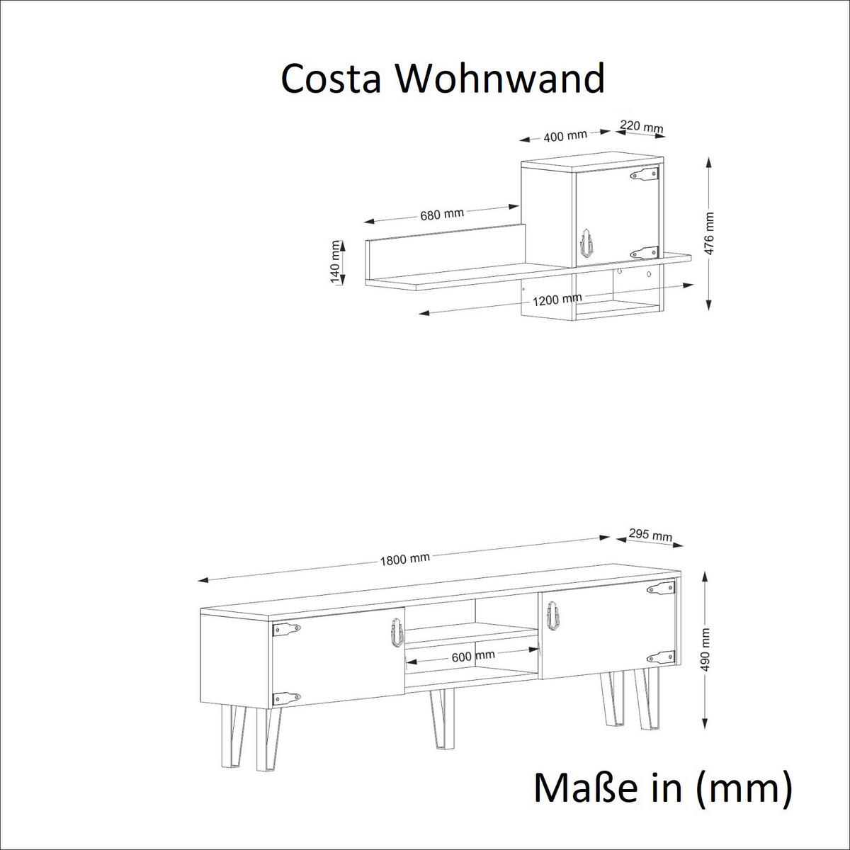 Wohnwand Costa Eiche Nachbildung B/H/T: ca. 180x49x29,5 cm Costa - Eiche (180,00/49,00/29,50cm) - moebel17
