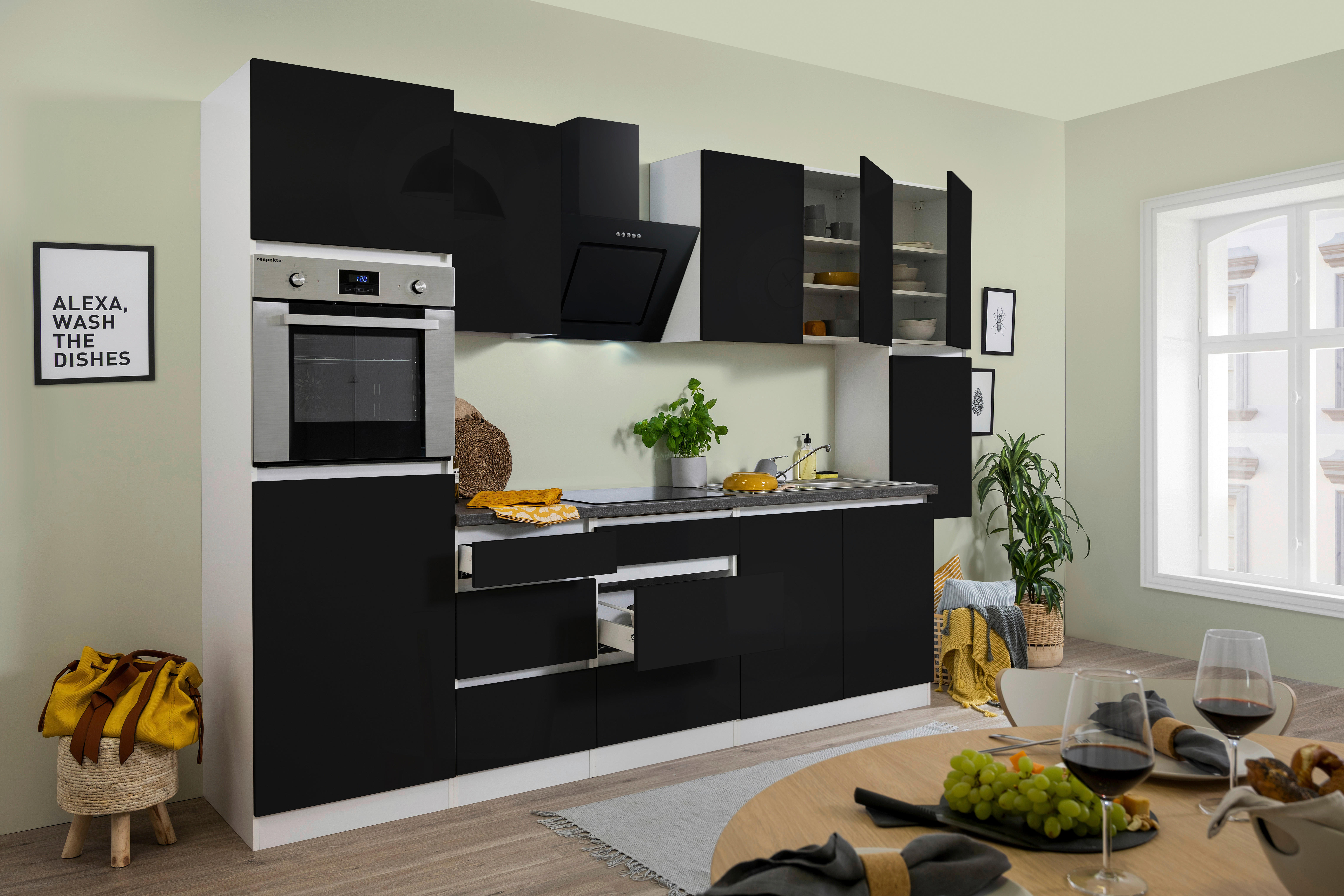 Respekta Küchenblock Premium schwarz hochglänzend B/H/T: ca. 320x220,5x60 cm Premium - weiß/granit (320,00/220,50/60,00cm) - Respekta