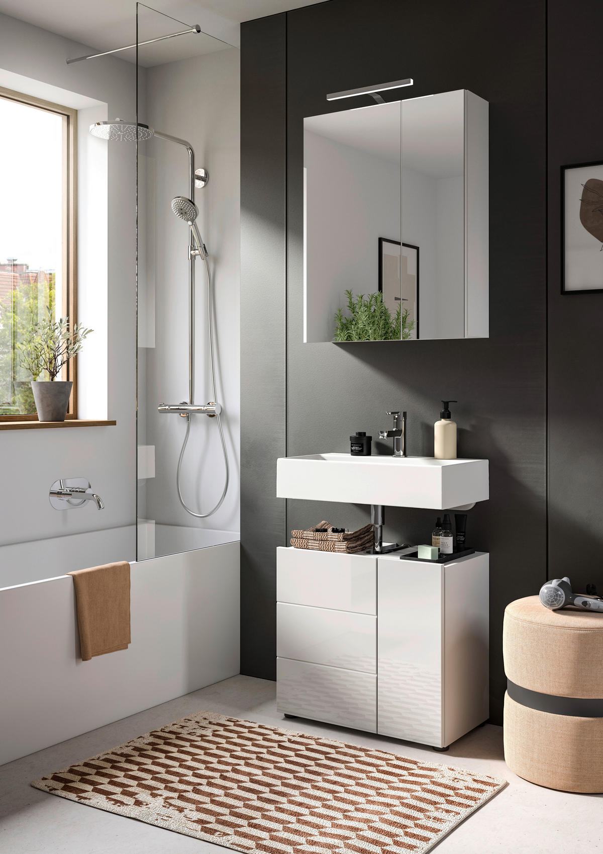 Badezimmer-Set VIRA weiß weiß Hochglanz B/H/T: ca. 60x190x34 cm VIRA - weiß (60,00/190,00/34,00cm) - xonox.home