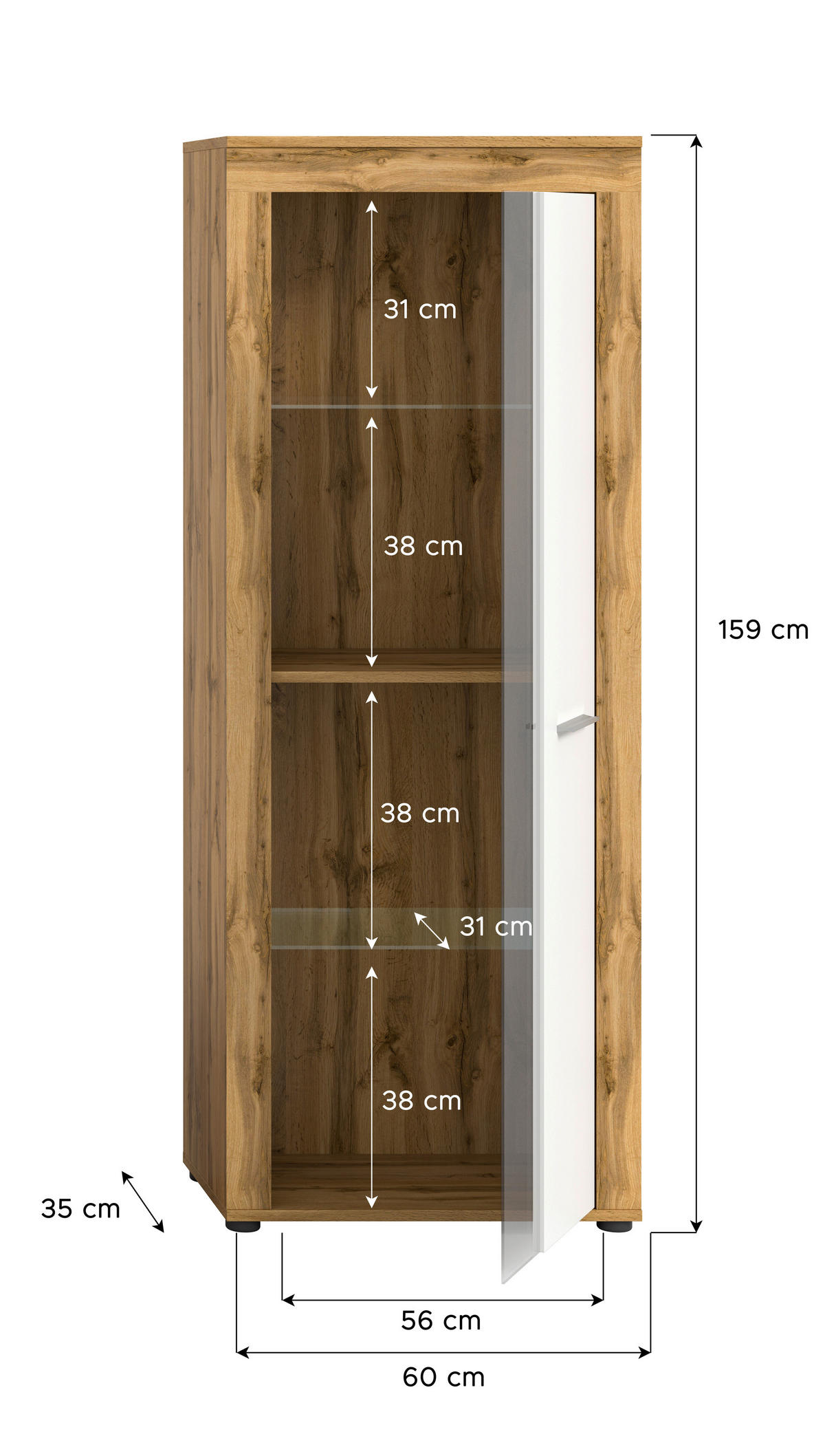 Vitrine Jam Eiche Wotan Nachbildung weiß B/H/T: ca. 60x159x35 cm Jam - Eiche/weiß (60,00/159,00/35,00cm) - xonox.home