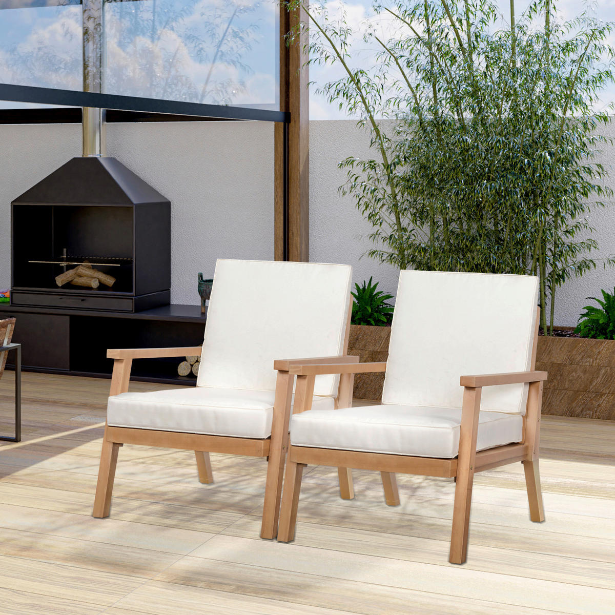 Outsunny Gartenstühle mit Kissen beige Holz B/H/L: ca. 77,5x74,5x66 cm Gartenstühle_mit_Kissen - beige/braun (66,00/77,50/74,50cm) - Outsunny