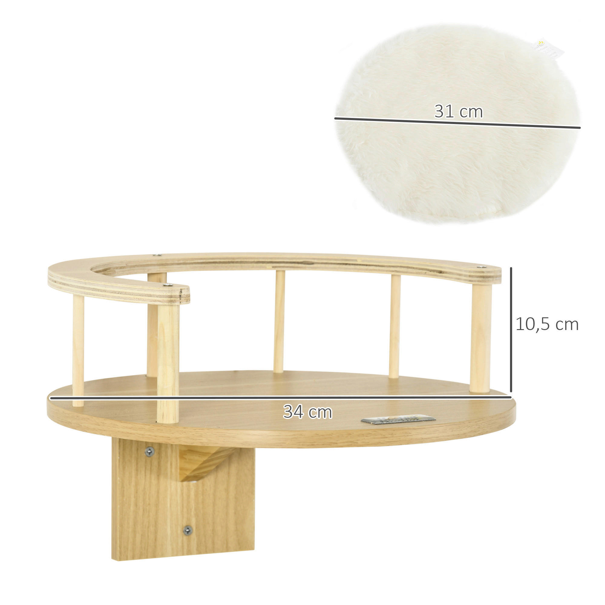 PawHut Katzen-Zubehör Eiche Edelstahl B/H/L: ca. 34x34x10,5 cm Katzen-Wandliege - Eiche/cremeweiß (10,50/34,00/34,00cm) - PawHut