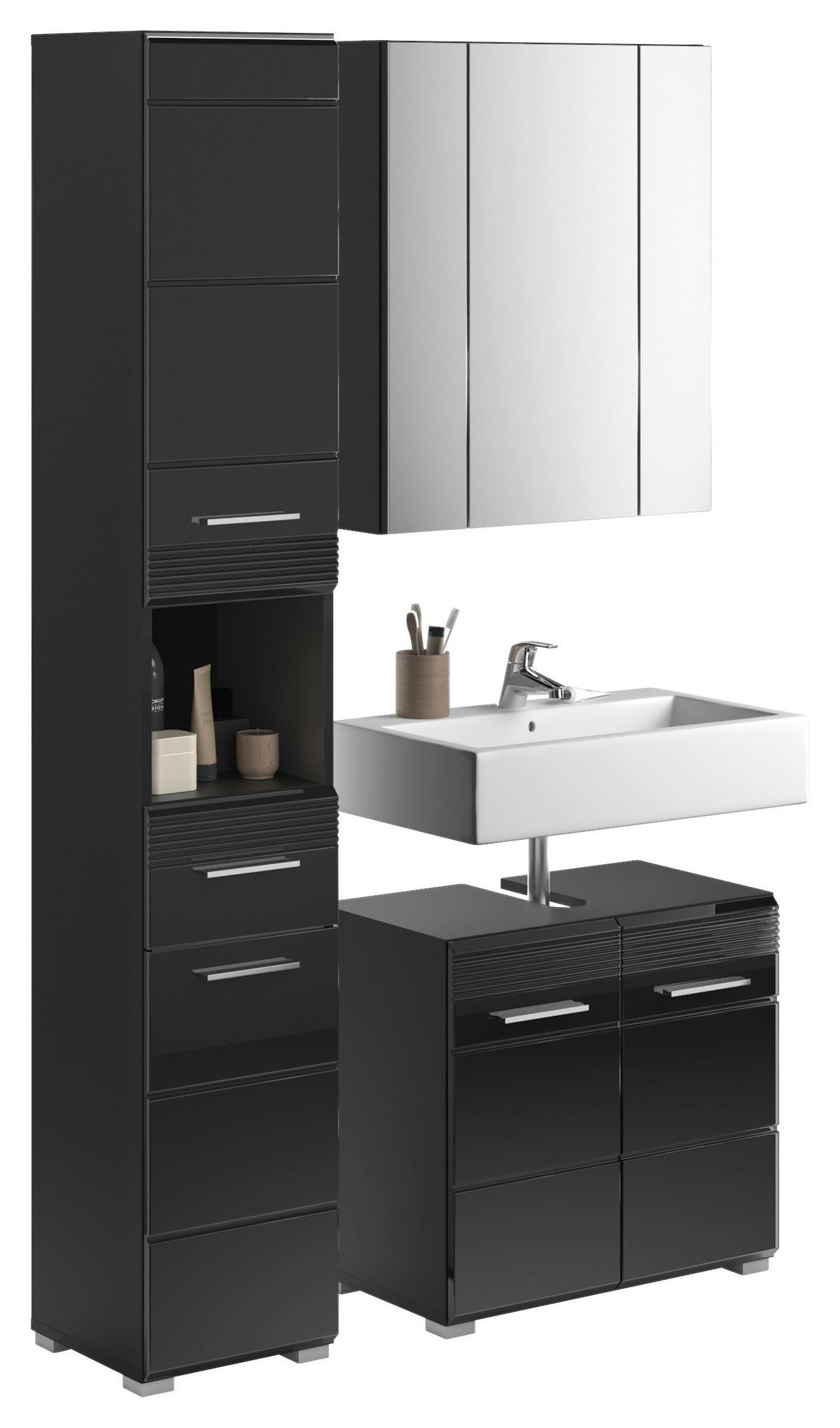 Badezimmer-Set LINUS schwarz schwarz Hochglanz B/H/T: ca. 105x182x34 cm LINUS - schwarz (105,00/182,00/34,00cm) - xonox.home