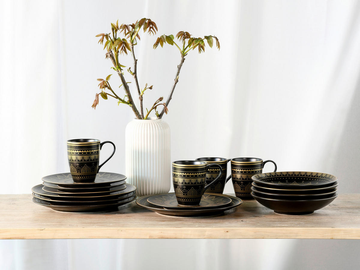CreaTable Kombiservice MANDALA GOLD schwarz Steinzeug 16 tlg. MANDALA GOLD - gold/schwarz - CreaTable