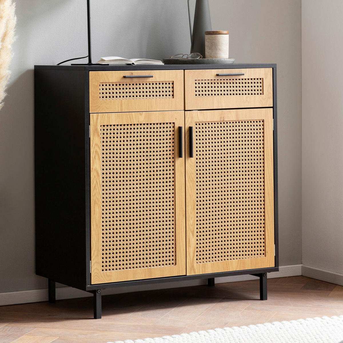 Sideboard schwarz Eiche Optik B/H/T: ca. 80x86,5x40 cm Sideboard - schwarz (80,00/86,50/40,00cm) - Wohnling