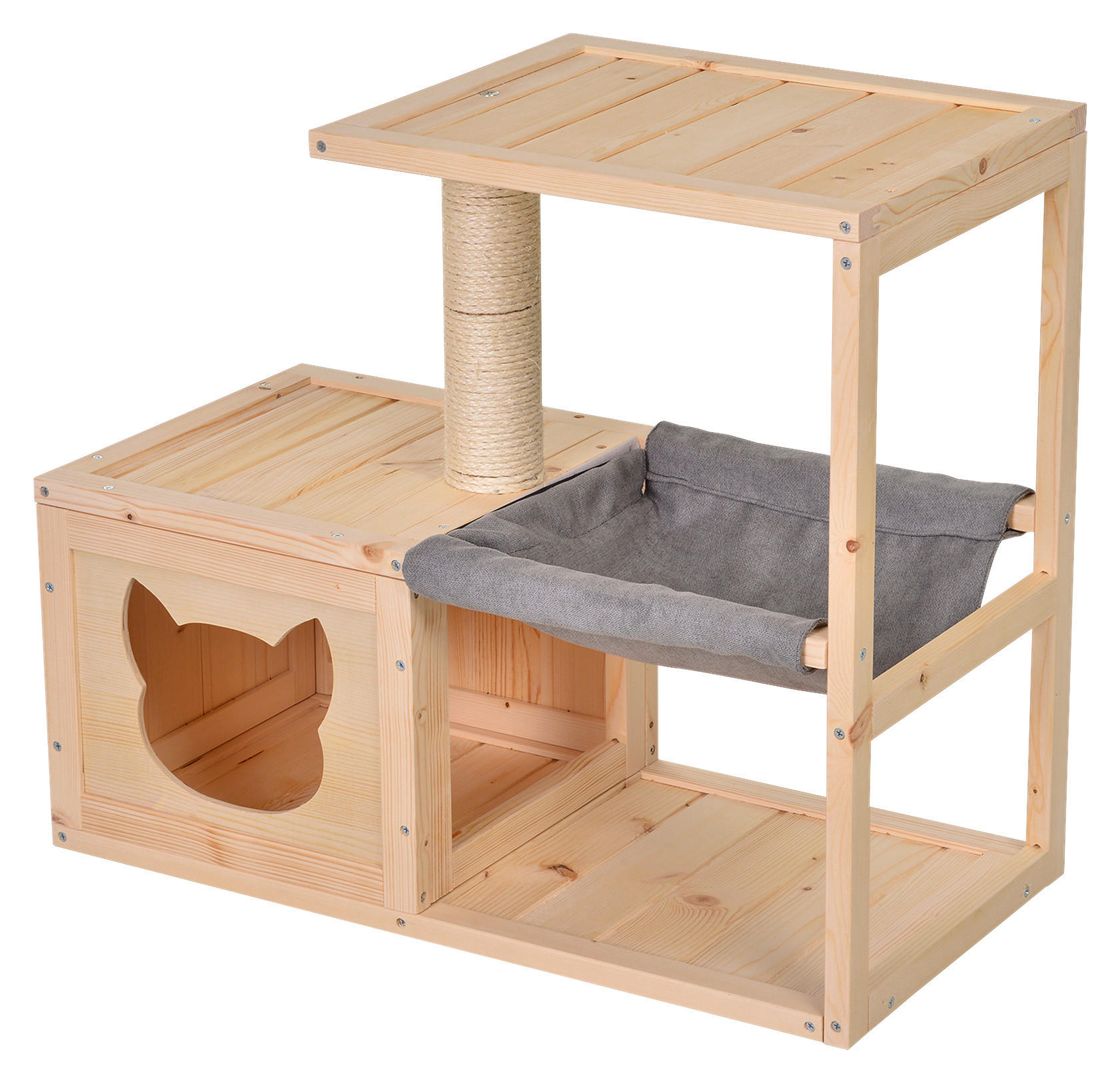 PawHut Katzenhaus natur Holz Katzenhaus mit Hängematte - natur - PawHut