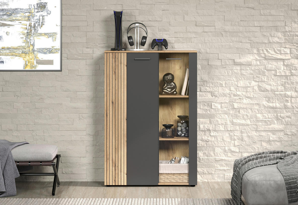 Vitrine Esteban anthrazit Eiche Evoke Coast Nachbildung B/H/T: ca. 90x132x34 cm Esteban - Eiche/anthrazit (90,00/132,00/34,00cm)
