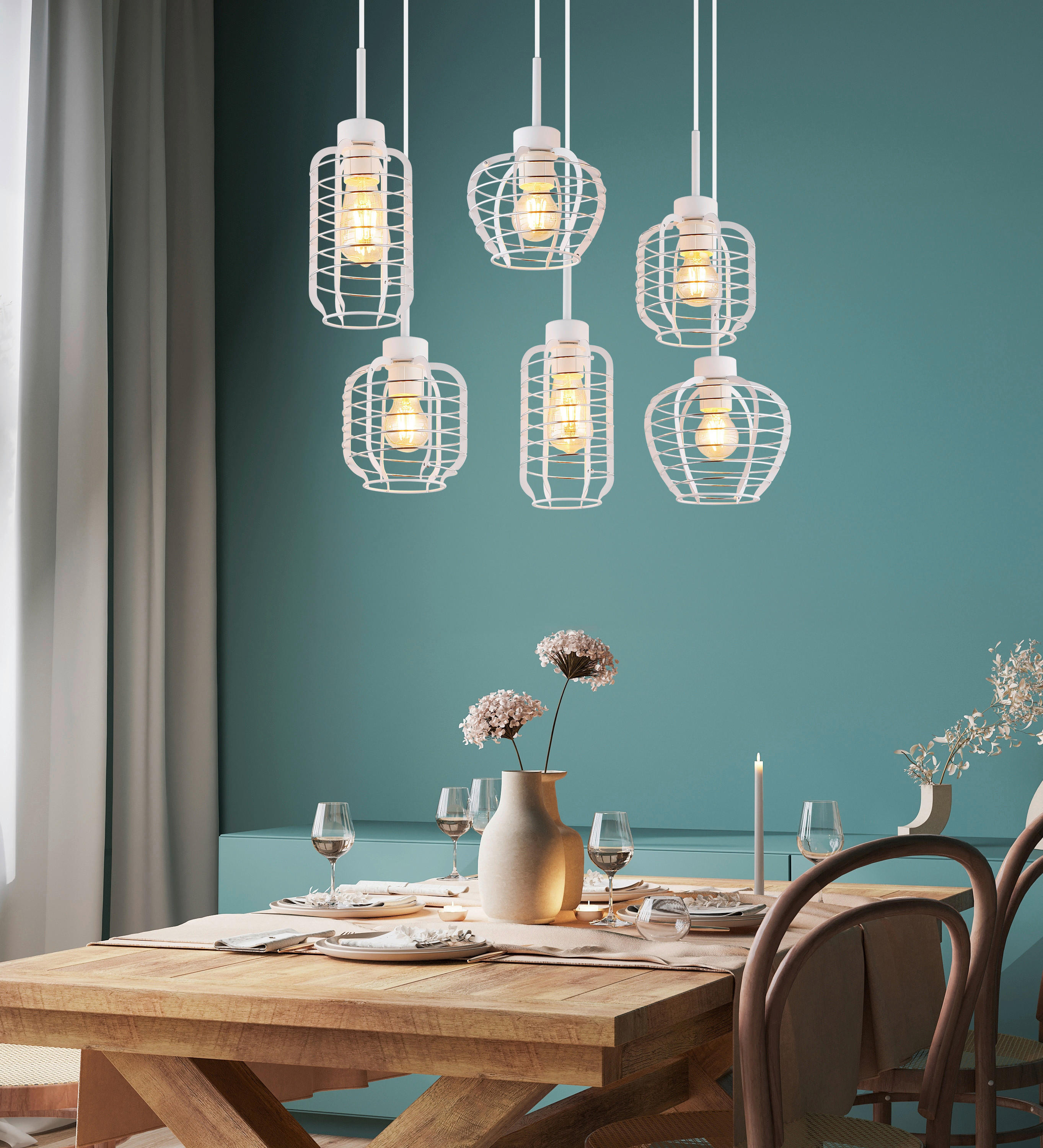 GLOBO Hängeleuchte weiß Chrom Metall Aluminium B/H/L: ca. 55x25x74 cm E27 6 Brennstellen Hängeleuchte-Nesa - weiß/Chrom (74,00/55,00/25,00cm) - GLOBO