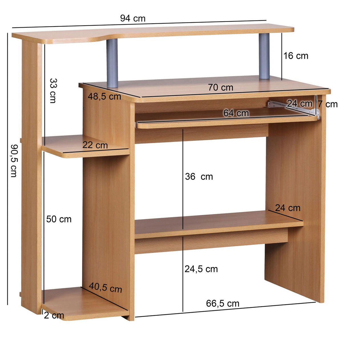 Computertisch buche Nachbildung B/H/T: ca. 94x90,5x48,5 cm Computertisch - buche (94,00/90,50/48,50cm) - Wohnling