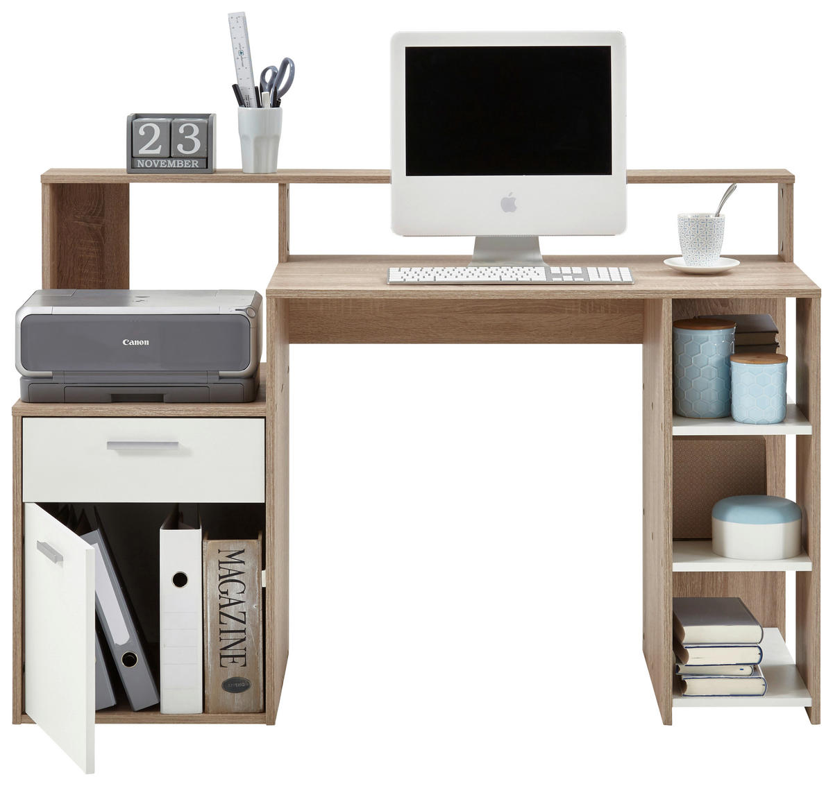 Schreibtisch  Eiche Sonoma Nachbildung weiß B/H/T: ca. 139x92x54 cm Bolton_Schreibtisch 3006-001 - Eiche/weiß (139,00/92,00/54,00cm)