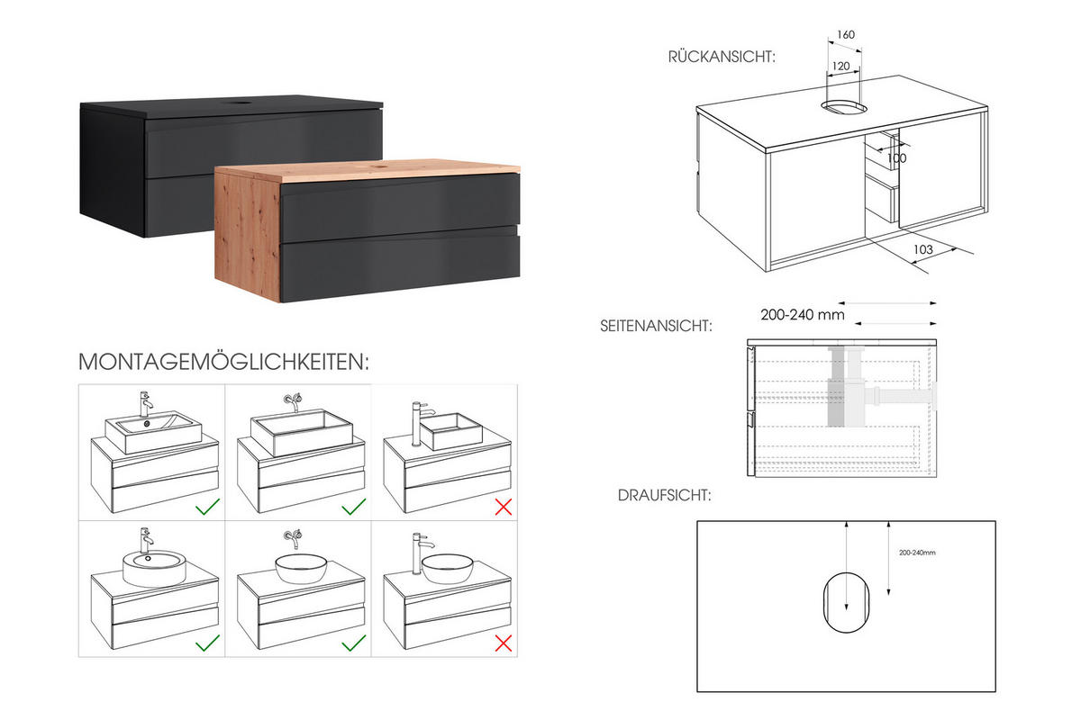 Waschbeckenunterschrank SHAPE anthrazit Hochglanz anthrazit B/H/T: ca. 80x33x47 cm SHAPE - anthrazit (80,00/33,00/47,00cm) - byLIVING