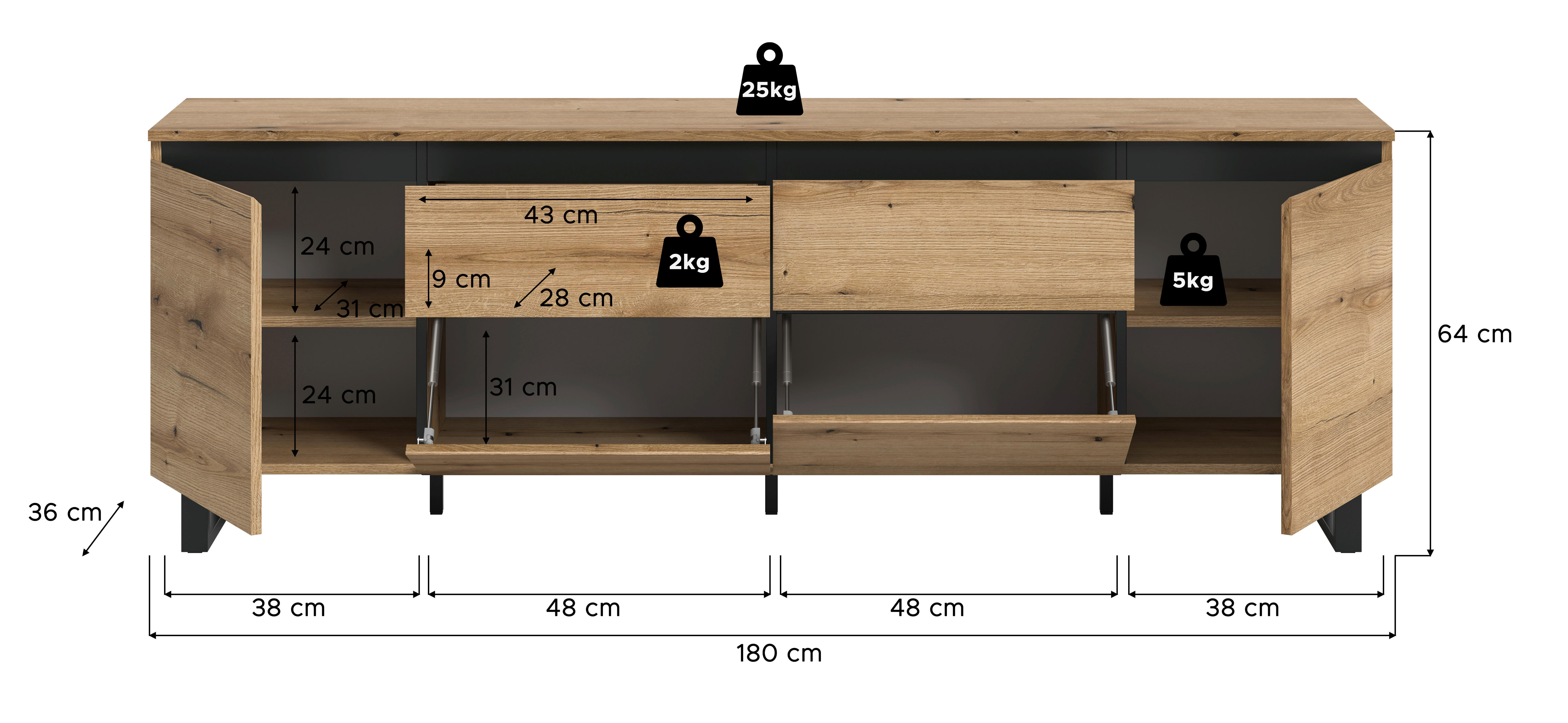 Lowboard Tomasa Evoke Oak Nachbildung schwarz B/H/T: ca. 188x65x36 cm Tomasa - schwarz (188,00/65,00/36,00cm) - xonox.home