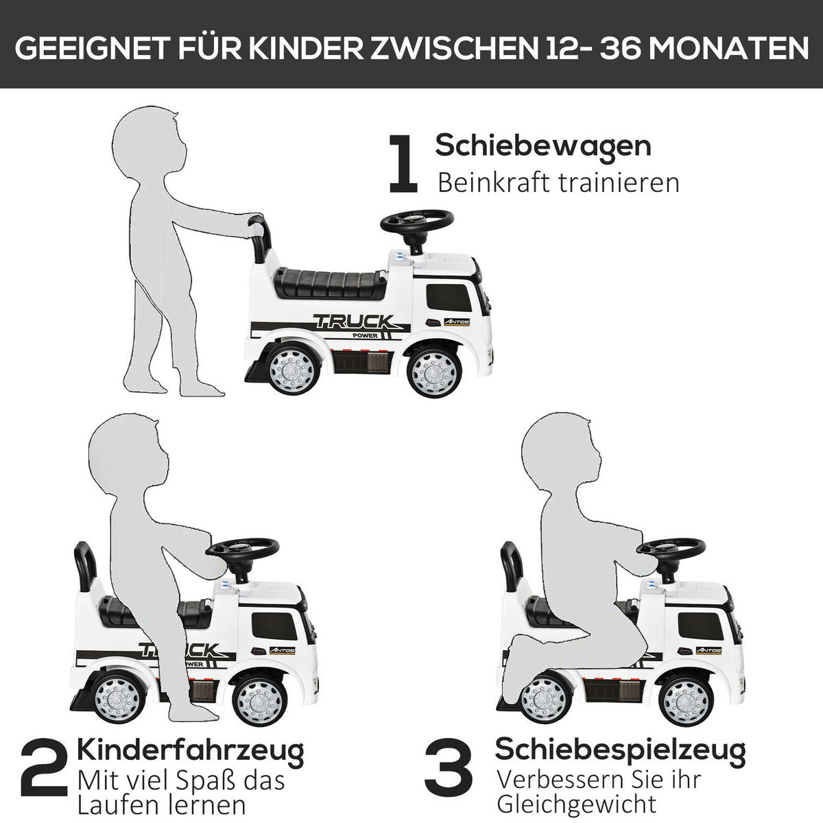 HOMCOM Kinder-Rutschfahrzeug B/H/L: ca. 28,5x45x62,5 cm Rutschfahrzeug - weiß/schwarz (62,50/28,50/45,00cm) - HOMCOM