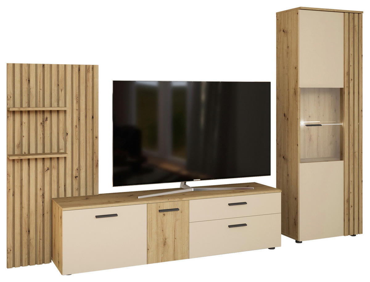Wohnwand Gatwick Eiche Artisan Nachbildung creme B/H/T: ca. 250x180x38 cm Gatwick - Eiche/creme (250,00/180,00/38,00cm)