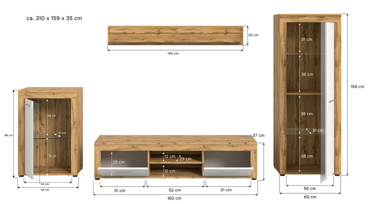 Wohnwand Jam Eiche Wotan Nachbildung weiß B/H/T: ca. 310x169x35 cm Jam - Eiche/weiß (310,00/169,00/35,00cm) - xonox.home
