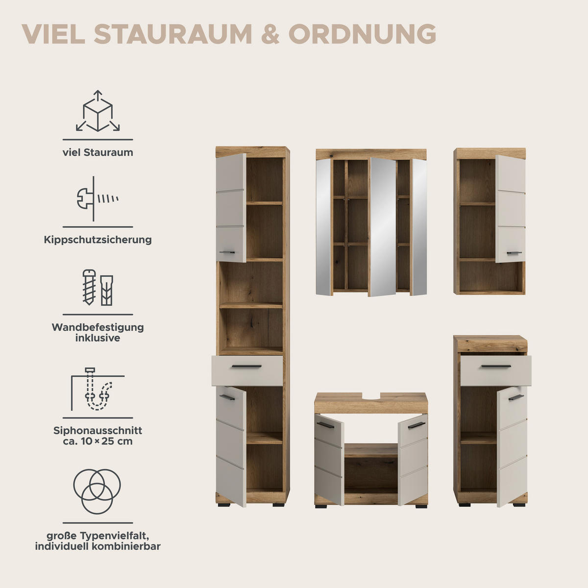 Badezimmer-Set Scout Evoke Oak Nachbildung Kaschmirgrau Nachbildung B/H/T: ca. 164x191x34 cm Scout - Kaschmirgrau (164,00/191,00/34,00cm) - xonox.home