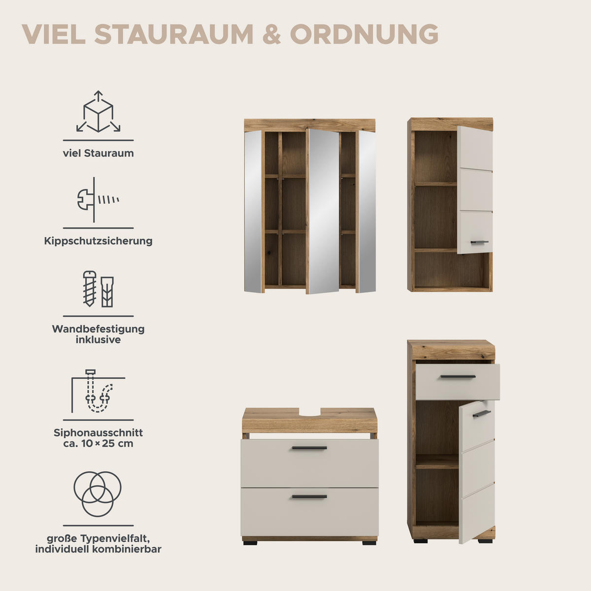Badezimmer-Set Scout Evoke Oak Nachbildung Kaschmirgrau Nachbildung B/H/T: ca. 112x191x34 cm Scout - Kaschmirgrau (112,00/191,00/34,00cm) - xonox.home