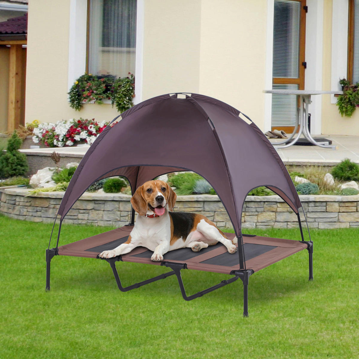 PawHut Hundebett braun Metall B/H/L: ca. 92x108x122 cm Hundebett mit Baldachin - braun/schwarz (122,00/92,00/108,00cm) - PawHut