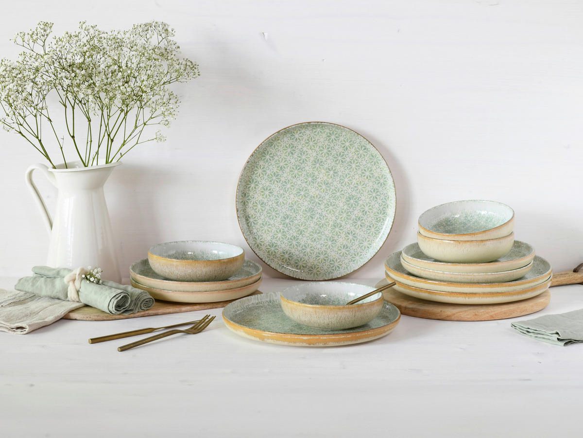 CreaTable Tafelservice Uno Emiliana grün Steinzeug 12 tlg. Uno Emiliana - grün - CreaTable