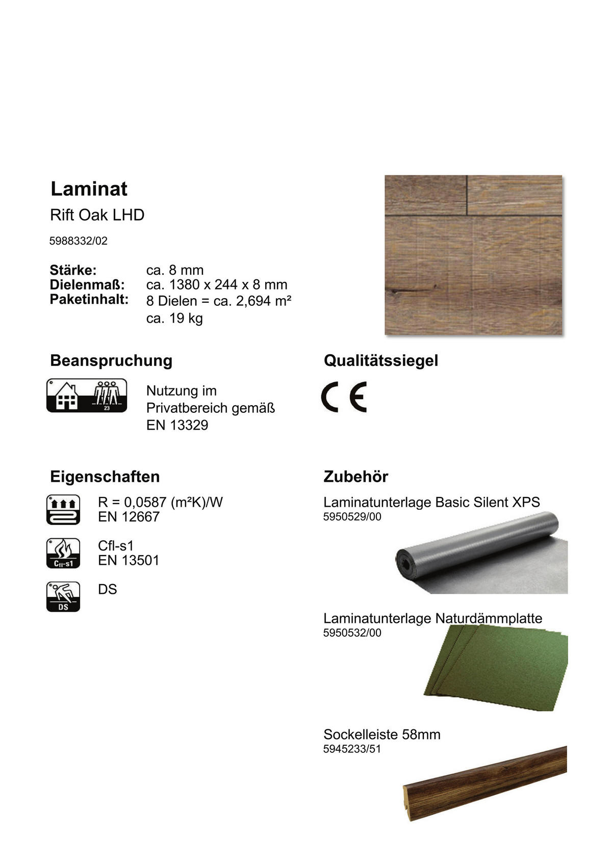 Laminatboden Rift Oak ca. 2,694 m² im Paket  B/L: ca. 24,4x138 cm pro Paket Rift Oak ca. 2,694 m² im Paket - (24,40/138,00cm)