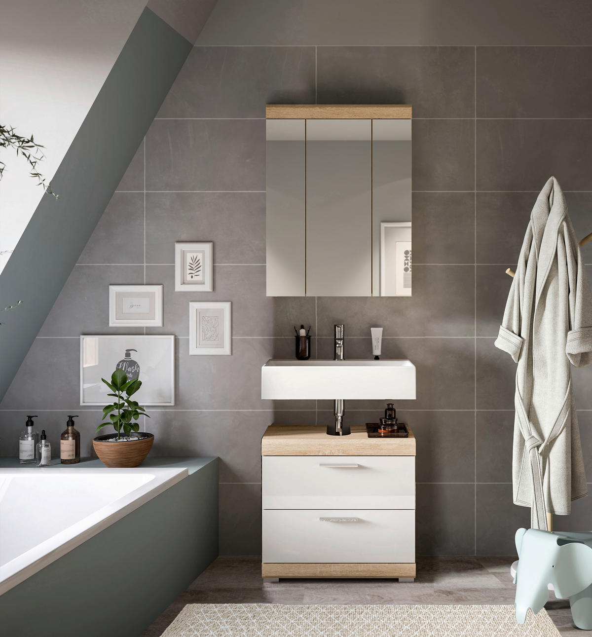 Badezimmer-Set Lambada Eiche Sonoma Nachbildung weiß Hochglanz B/H/T: ca. 60x191x37 cm Lambada - Eiche/weiß (60,00/191,00/37,00cm) - xonox.home