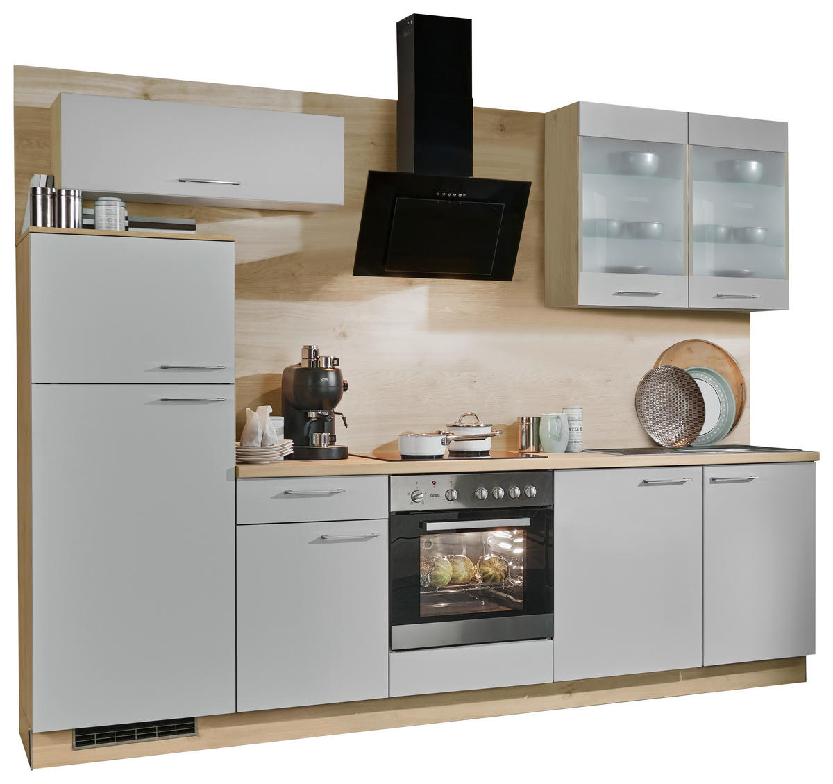 Express Küchenblock Clean hellgrau Lacklaminat supermatt B/H/T: ca. 280x225x60 cm Clean - hellgrau/Eiche (280,00/225,00/60,00cm) - Express