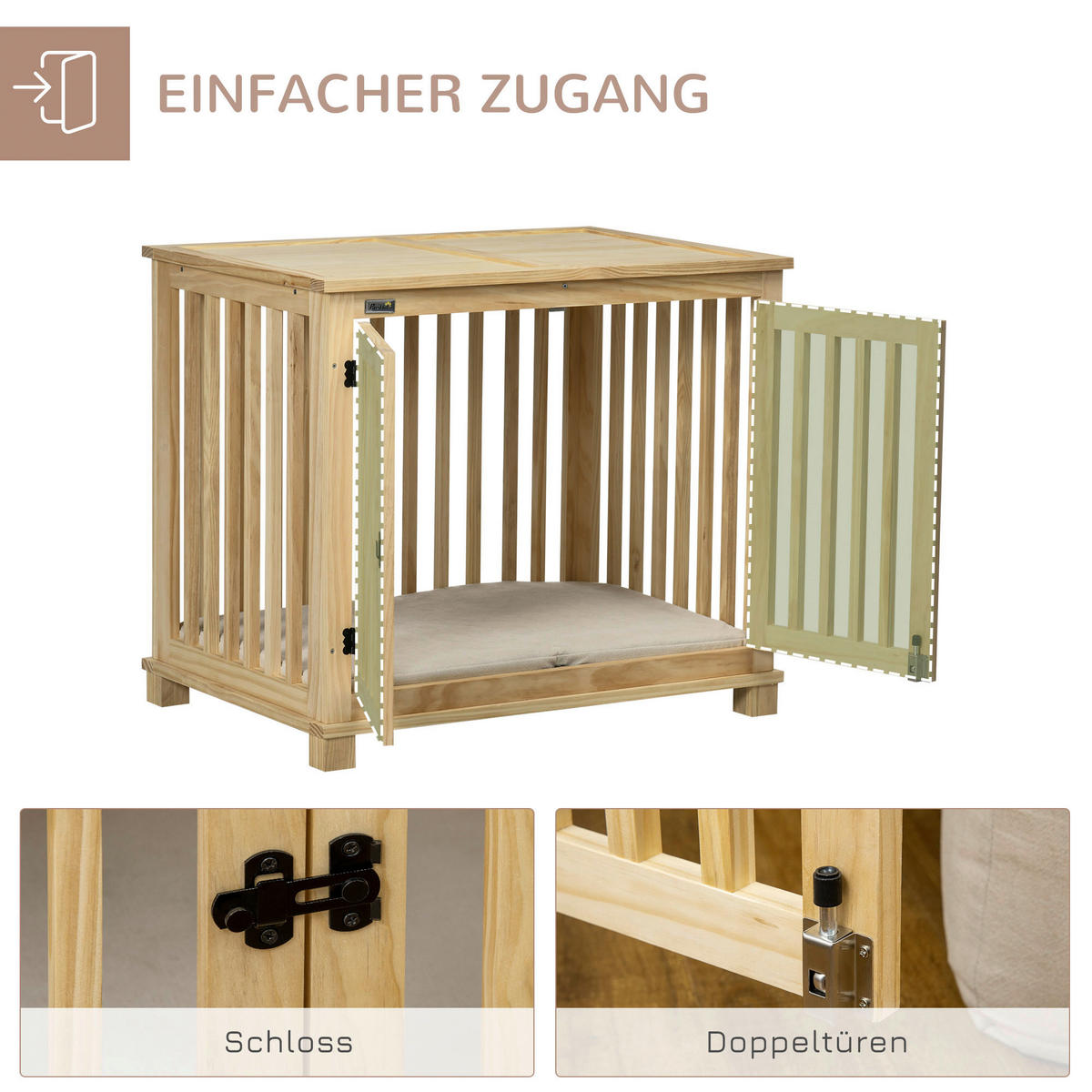 PawHut Hunde-Zubehör cremeweiß Kiefer B/H/L: ca. 57x82,5x72 cm Hundekäfig - natur/cremeweiß (72,00/57,00/82,50cm) - PawHut