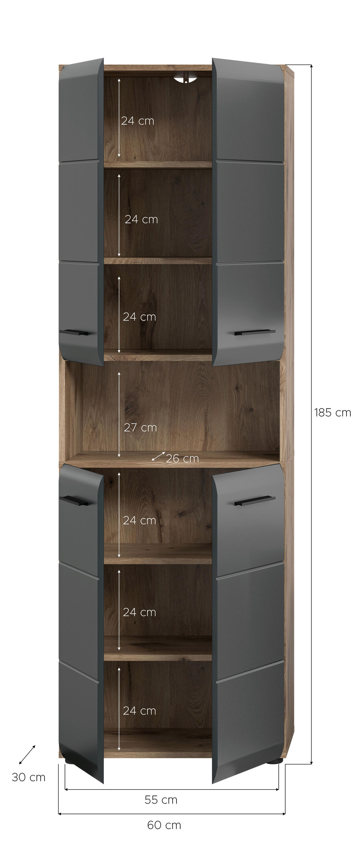 Hochschrank Ice Nox Oak Nachbildung schwarz matt B/H/T: ca. 60x185x30 cm Ice - schwarz (60,00/185,00/30,00cm) - xonox.home