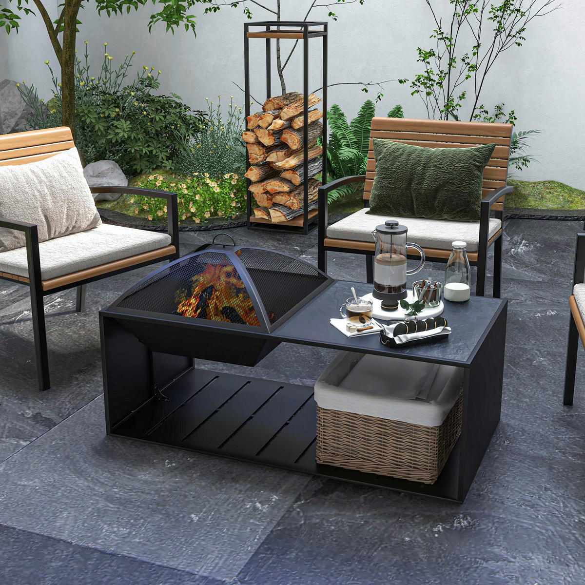 Outsunny Feuerschale schwarz Keramik B/H/L: ca. 51x56x101 cm Feuerschale - schwarz (101,00/51,00/56,00cm) - Outsunny
