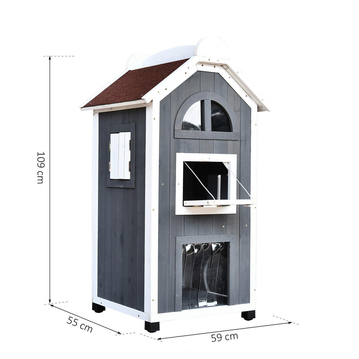 PawHut Katzenvilla grau Holz B/H/L: ca. 55x109x59 cm Katzenvilla - weiß/grau (59,00/55,00/109,00cm) - PawHut