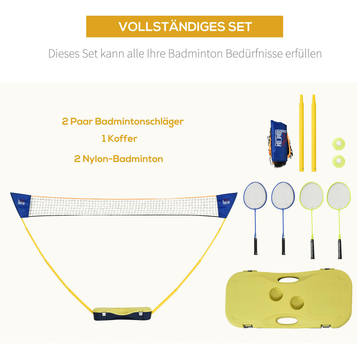 HOMCOM Badmintonnetz gelb B/H/T: ca. 280x157x33 cm Badmintonnetz mit 4 Schlägern - blau/gelb (280,00/157,00/33,00cm) - HOMCOM