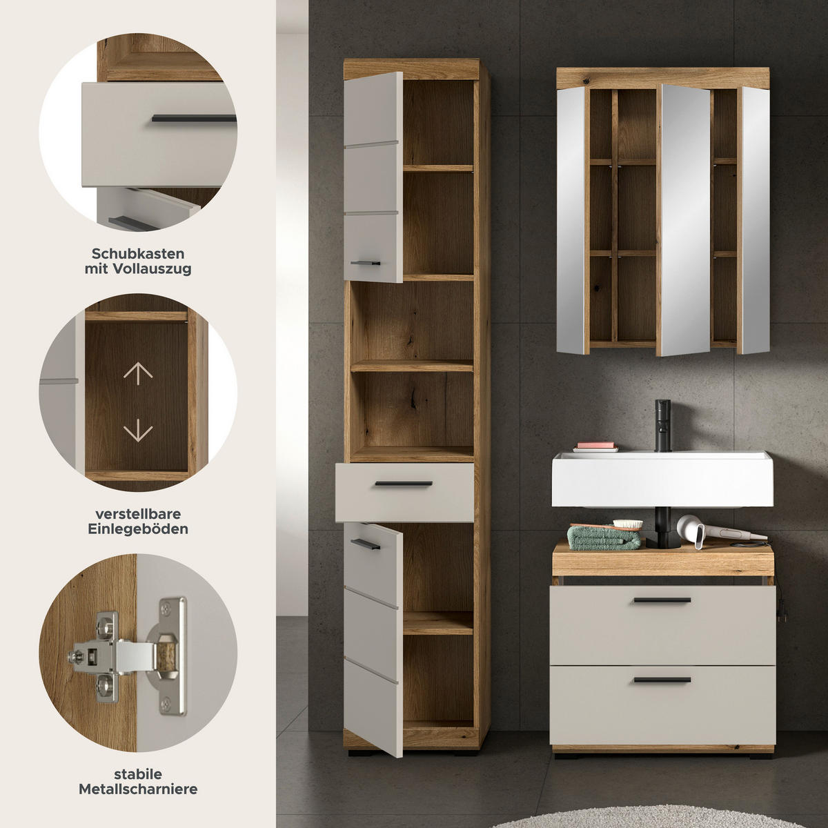 Badezimmer-Set Scout Evoke Oak Nachbildung Kaschmirgrau Nachbildung B/H/T: ca. 112x191x34 cm Scout - Kaschmirgrau (112,00/191,00/34,00cm) - xonox.home