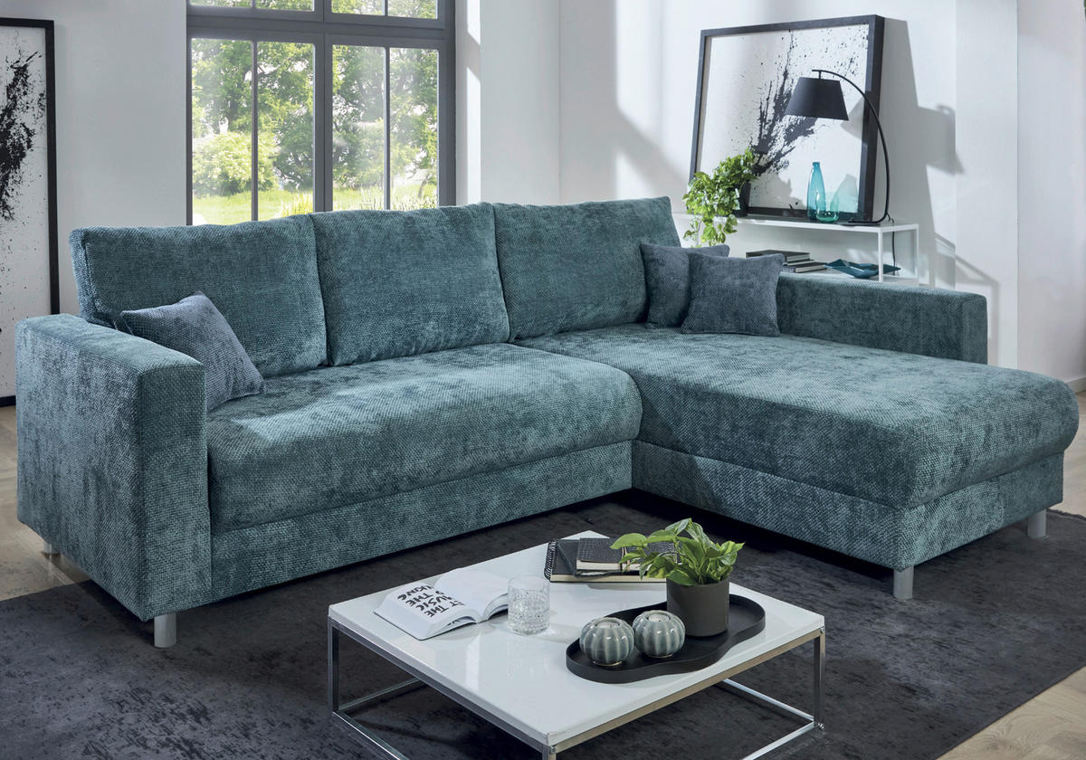 Ecksofa mit Bettfunktion und Bettkasten dunkelblau Microfaser B/H/T: ca. 252x89x195 cm Sea_153-8183_2F+BK/li-Ot/re_Ecksofa - Chrom/dunkelblau (252,00/89,00/195,00cm)