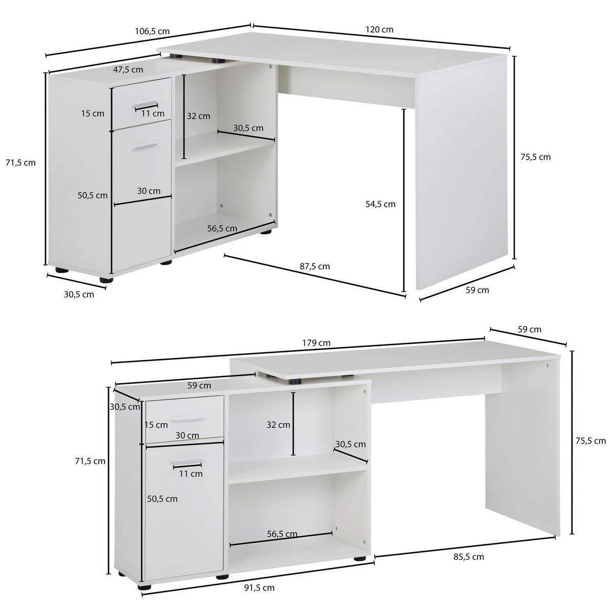 Schreibtischkombination weiß B/H/T: ca. 120x75,5x106,5 cm Schreibtischkombination - weiß (120,00/75,50/106,50cm) - Wohnling