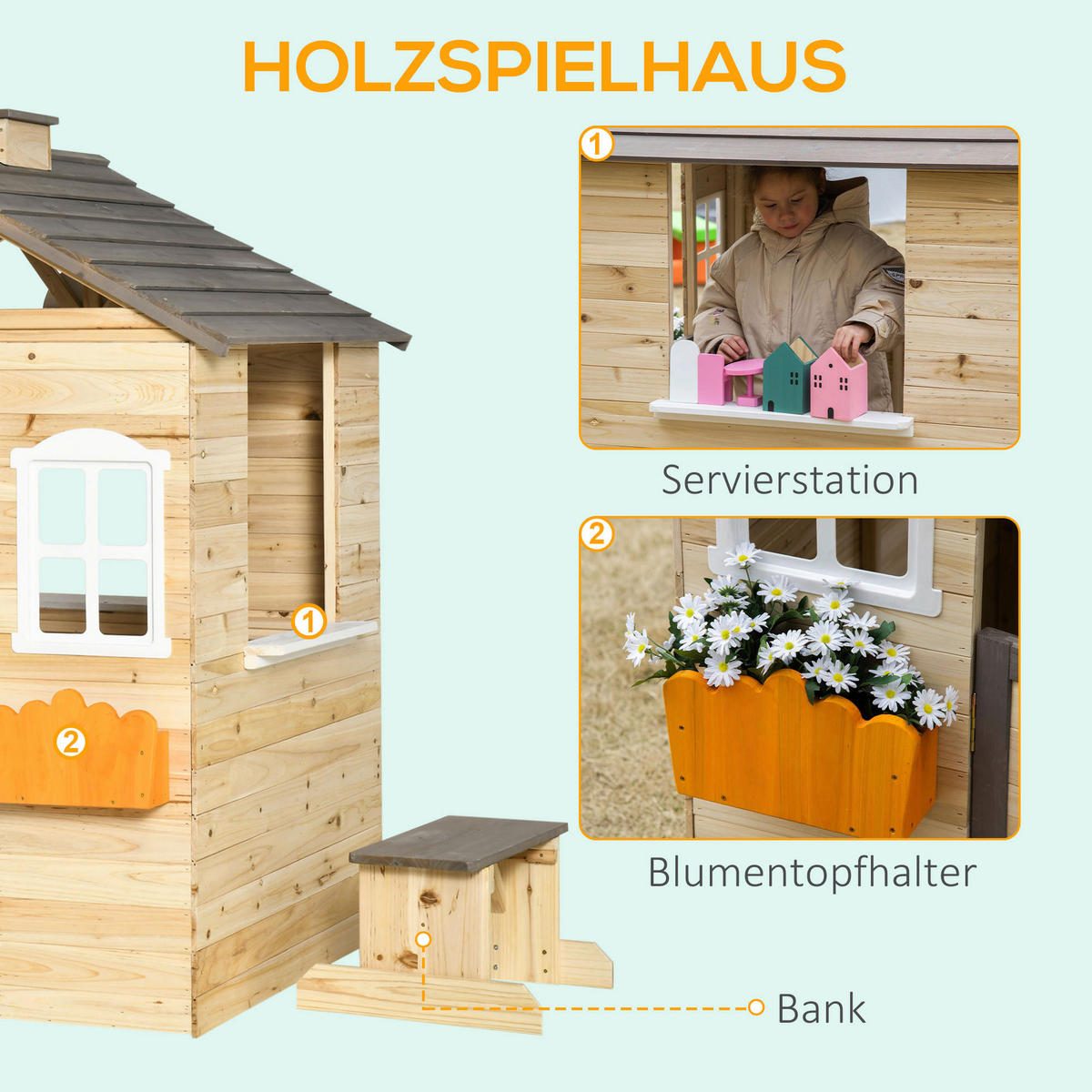 Outsunny Outdoor-Spielzeug grau B/H/L: ca. 94x113x134,5 cm Kinderspielhaus - weiß/natur (134,50/94,00/113,00cm) - Outsunny