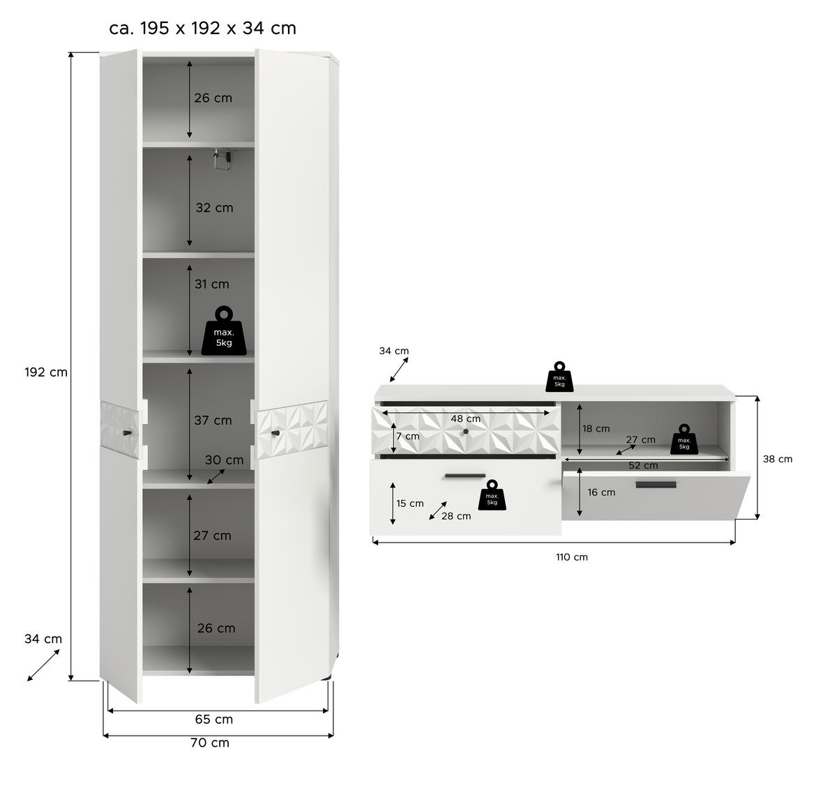 Garderobe Prisma weiß weiß Hochglanz B/H/T: ca. 195x192x34 cm Prisma - weiß (195,00/192,00/34,00cm) - xonox.home