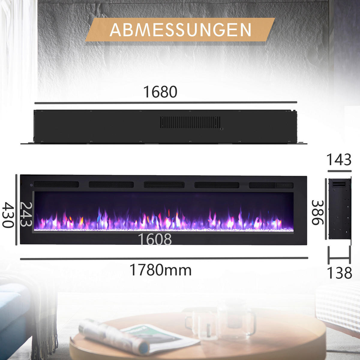 Balderia Elektrischer-Kamin Leif 70 schwarz B/H/T: ca. 168x38,6x13,8 cm ca. 2000 W Elektrischer_Kamin Leif 70 - schwarz (168,00/38,60/13,80cm) - Balderia