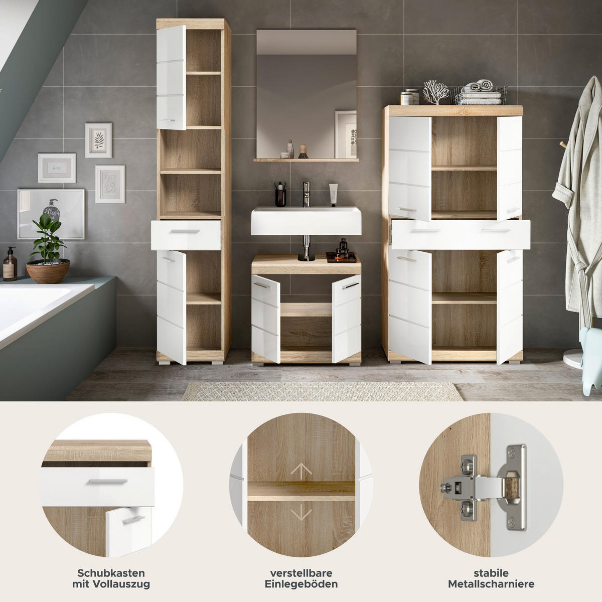 Badezimmer-Set Lambada Eiche Sonoma Nachbildung weiß Hochglanz B/H/T: ca. 186x191x34 cm Lambada - Eiche/weiß (186,00/191,00/34,00cm) - xonox.home