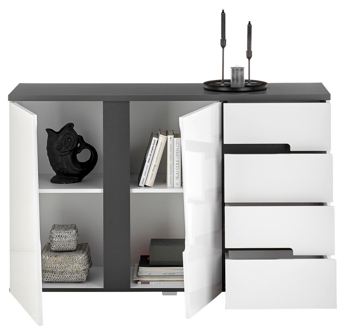 Kommode Boston weiß Hochglanz anthrazit B/H/T: ca. 132x83x38 cm Boston - weiß/anthrazit (132,00/83,00/38,00cm)