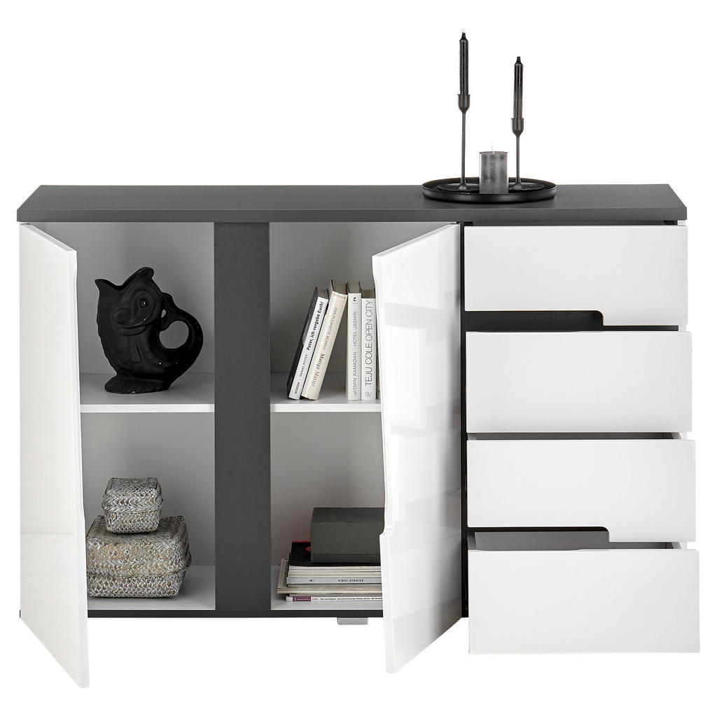 Thumbnail - Kommode Boston weiß Hochglanz anthrazit B/H/T: ca. 132x83x38 cm