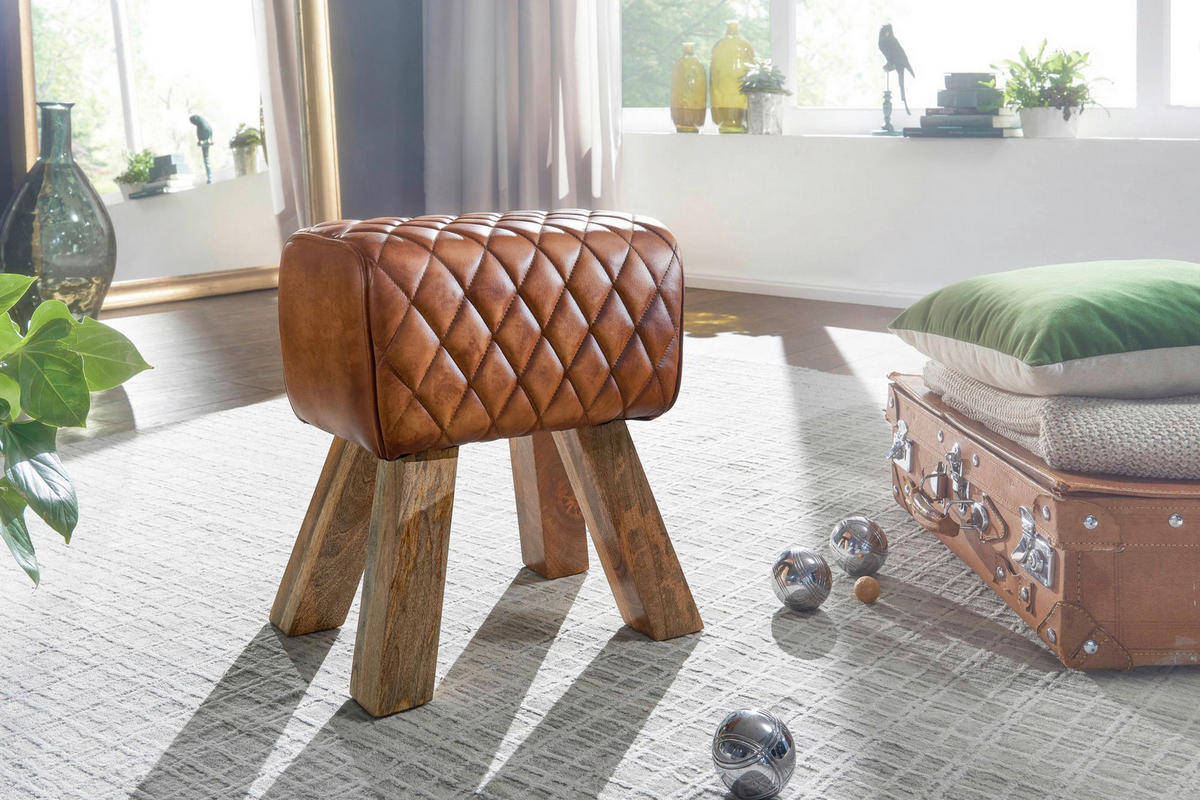 Wohnling Sitzbank braun natur Leder Echtholz B/H/T: ca. 40x40x27 cm Sitzbank - braun/natur (40,00/40,00/27,00cm) - Wohnling