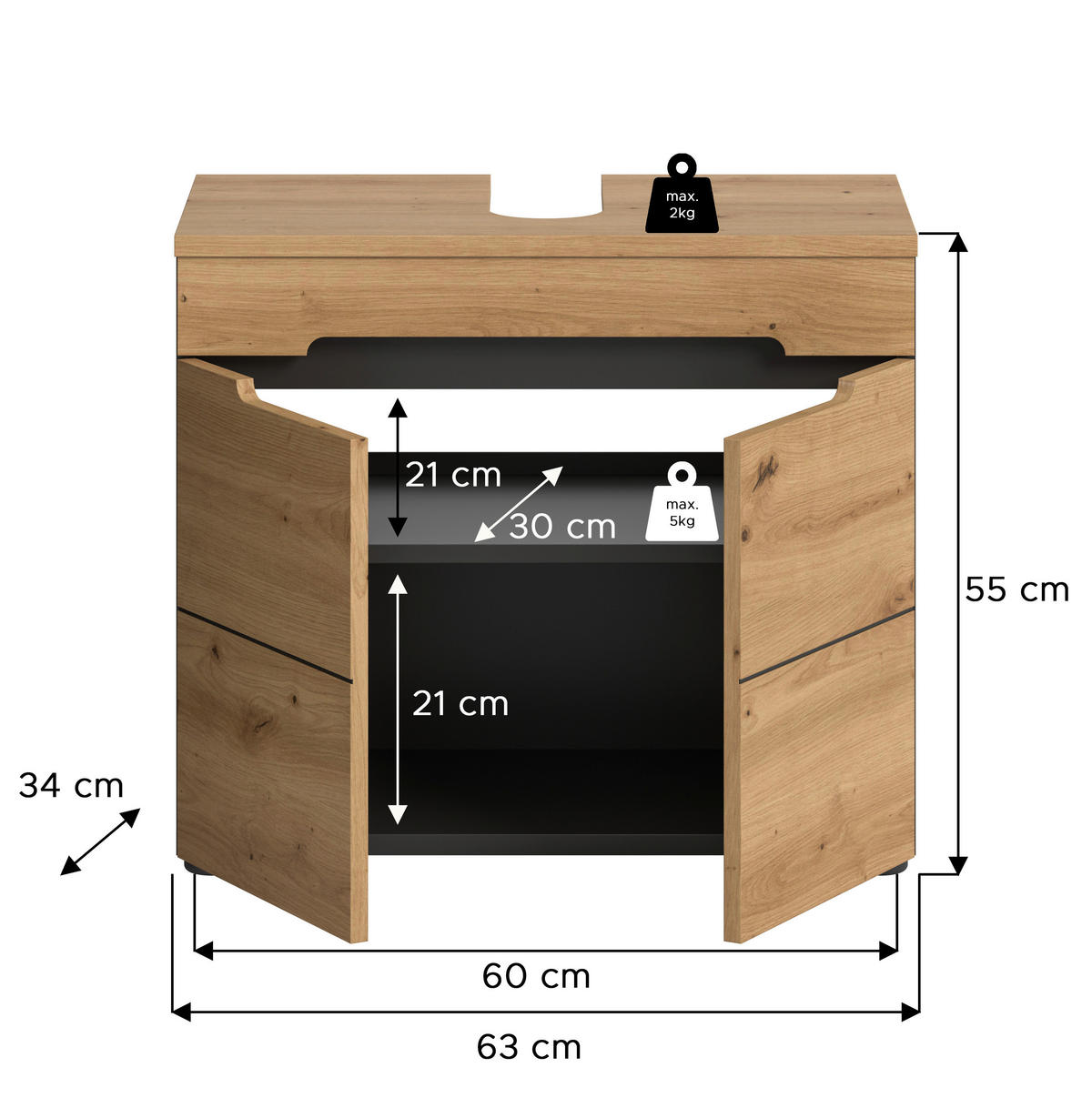 Waschbeckenunterschrank Canu Basalt Eiche Artisan Nachbildung B/H/T: ca. 63x55x34 cm Canu - Eiche/Basalt (63,00/55,00/34,00cm) - xonox.home