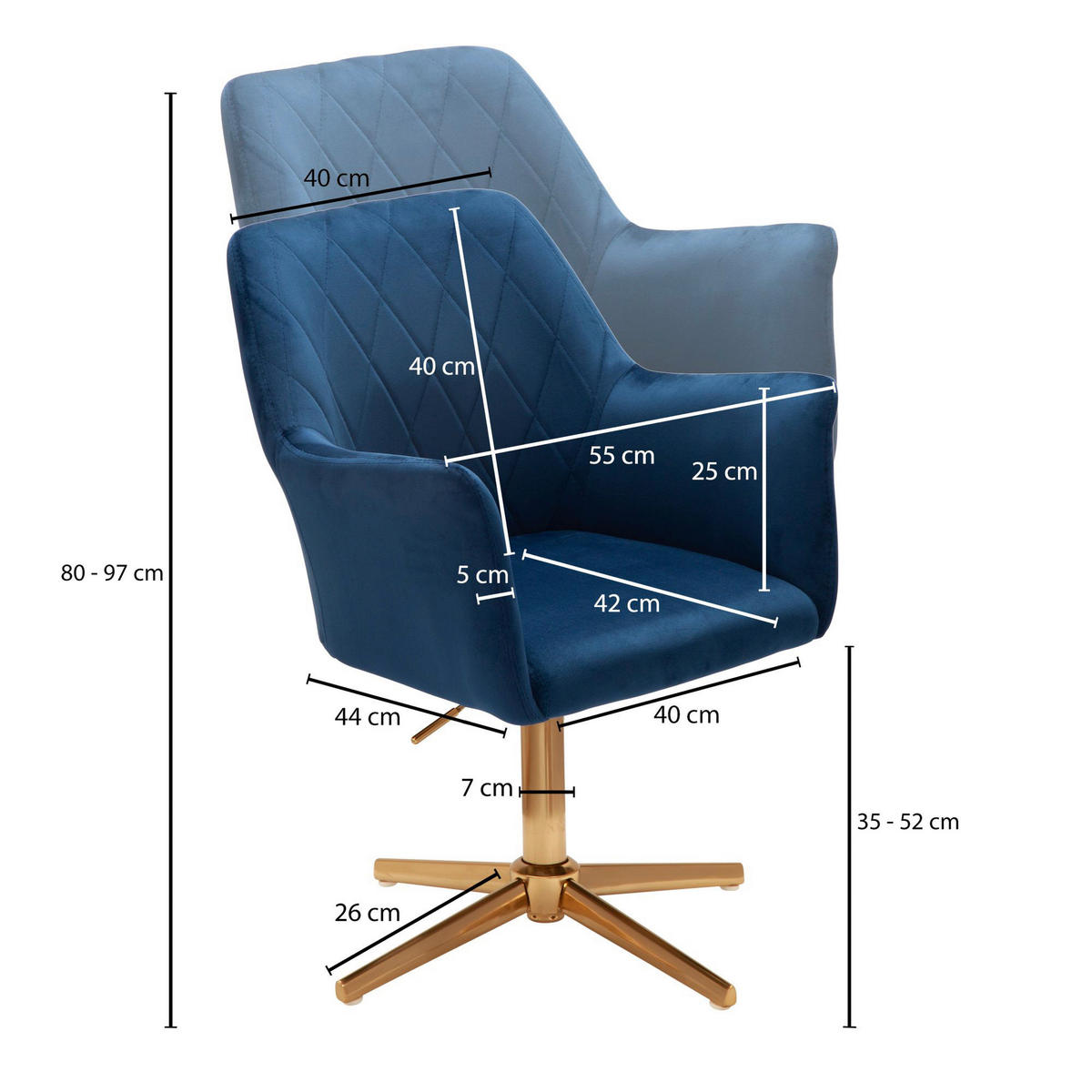 Drehstuhl blau Samt Eisen Drehstuhl - blau (55,00/97,00/55,00cm) - Wohnling