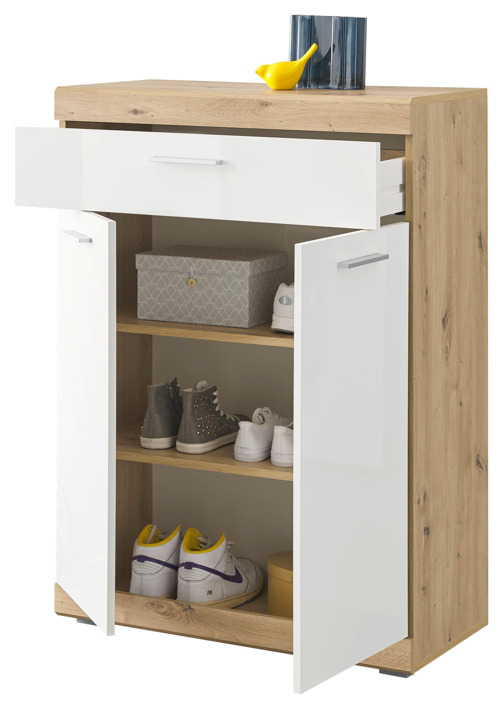 Schuhkommode Nola Eiche Artisan Nachbildung weiß Hochglanz B/H/T: ca. 80x111x38 cm Nola - Eiche/weiß (80,00/111,00/38,00cm)