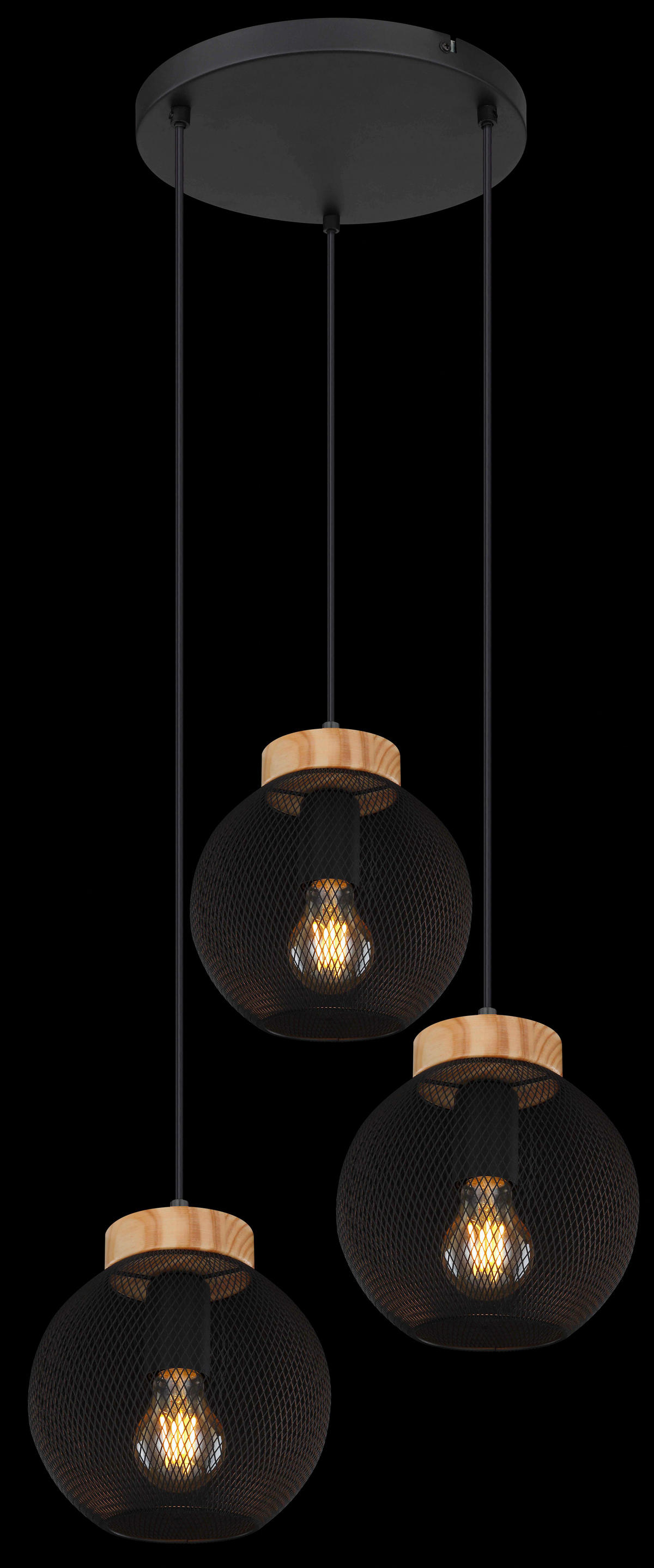 GLOBO Pendelleuchte Pablo 15663-3H schwarz natur Metall Holz H/D: ca. 120x44 cm E27 3 Brennstellen Pendelleuchte_Pablo 3flg. - natur/schwarz (44,00/120,00cm) - GLOBO