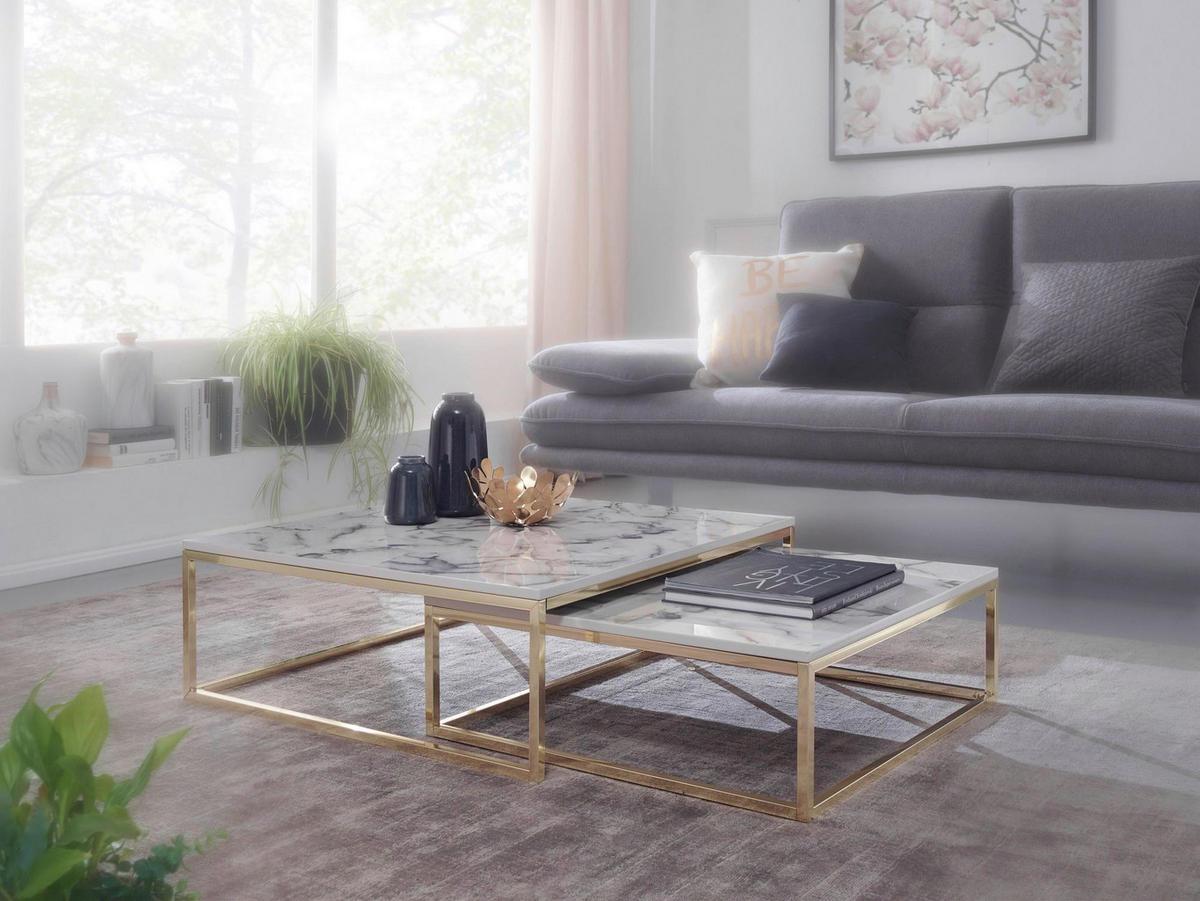 Couchtisch 2er-Set. weiß Marmor Optik gold lackiert 2er-Set. - gold/weiß - Wohnling