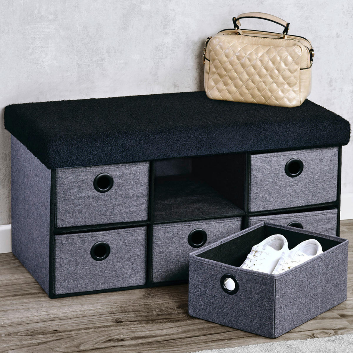 Kesper Sitzbank grau B/H/L: ca. 37,5x10x77 cm Sitzbank_mit_Aufbewahrungsboxen - schwarz/grau (77,00/37,50/10,00cm) - Kesper
