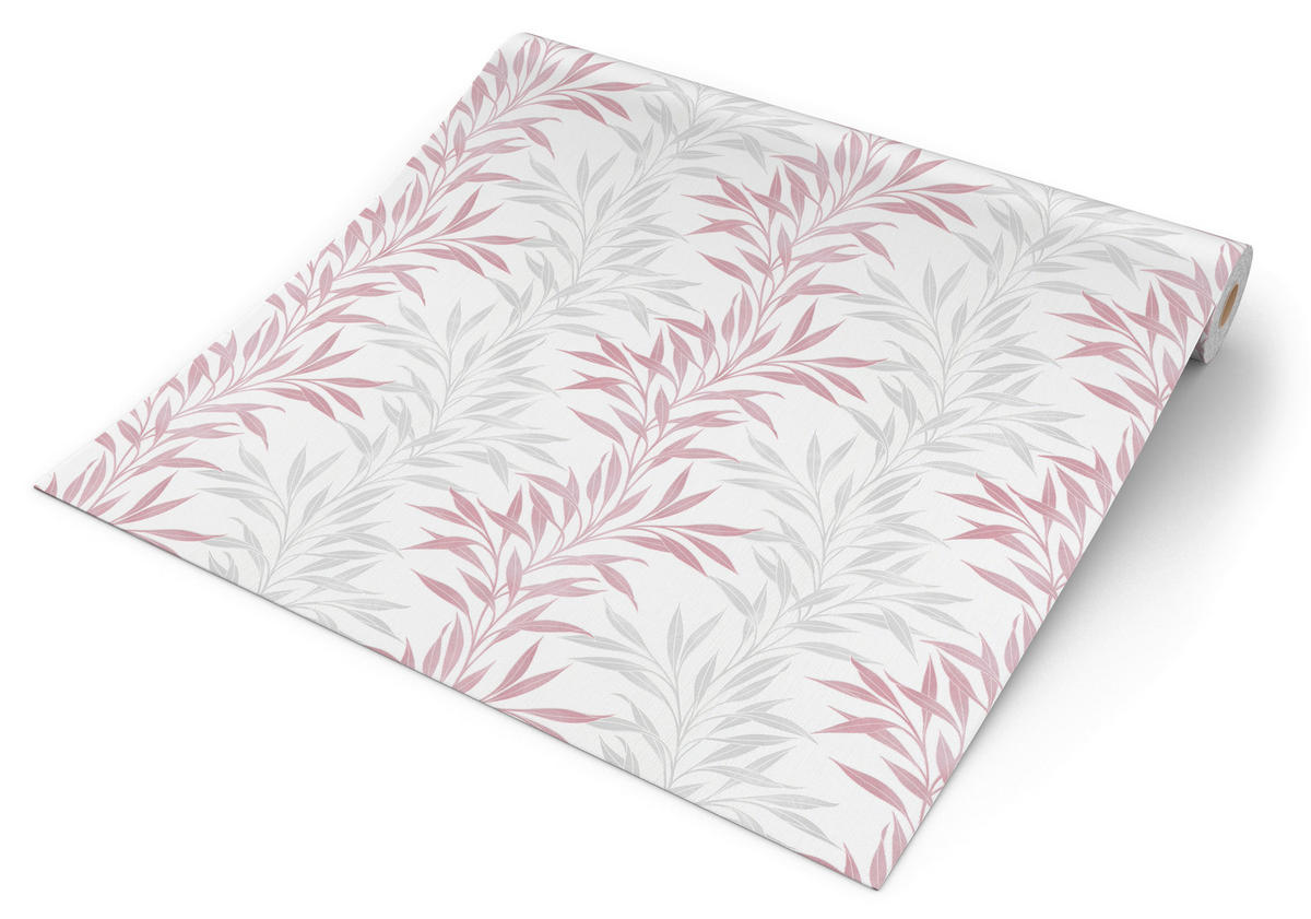 Vliestapete Blätter rosa grau weiß B/L: ca. 53x1005 cm Vliestapete_10093-05 - weiß/rosa (53,00/1005,00cm)
