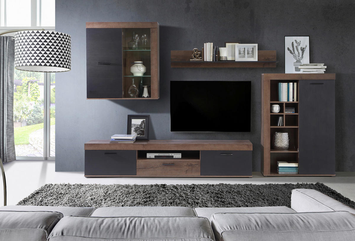 Wohnwand  Eiche Schlamm Nachbildung schwarz Eiche Nachbildung B/H/T: ca. 300x201x39 cm Valentin_Wohnwand VTNM01L-N09 - Eiche/schwarz (300,00/201,00/39,00cm)
