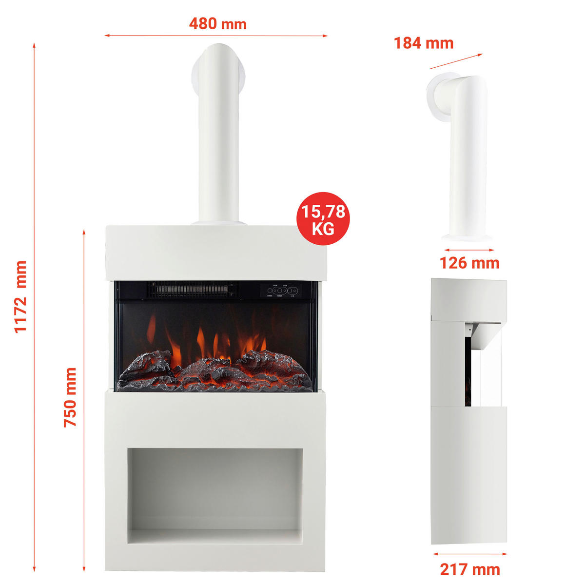 KAMINIO Elektrischer-Kamin HENRI weiß Metall B/H/T: ca. 48x117,2x21,7 cm ca. 2000 W HENRI - weiß (48,00/117,20/21,70cm) - KAMINIO